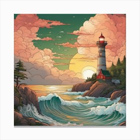 Lighthouse At Sunset Landscape 18 Canvas Print