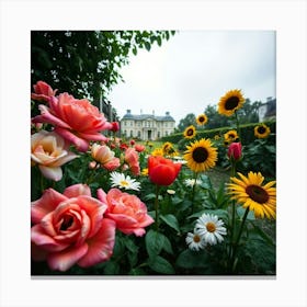 Sunflowers In Front Of A House Canvas Print