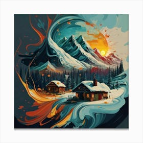 Abstract painting of a mountain village with snow falling 11 Canvas Print
