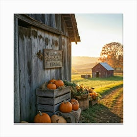 A Rustic Barn With A Weathered Wooden Sign Lean Against It Rolling Hills In The Background Transiti (4) Canvas Print