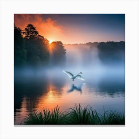 Swan In Flight Spreading Its Wings Majestically Over A Serene Blue Lake Sunset Backlight Illuminat Canvas Print