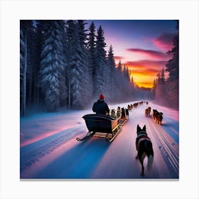 Sled Dogs At Sunset Canvas Print