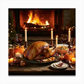 An Inviting Feast Unfolds In A Homey Abundant Setting Right At The Center A Roasted Turkey Radiati (3) Canvas Print