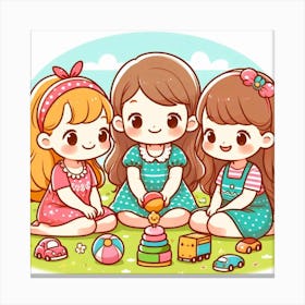 Three Little Girls Playing With Toys Canvas Print