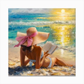 Seaside Serenity The Woman In The Pink Ribbon Hat (3) Canvas Print