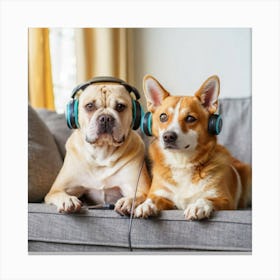 Cute Cat And Dog Gaming Together On A Sofa With 1 Canvas Print