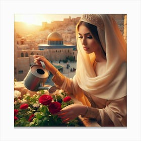Jerusalem Woman Watering Flowers Canvas Print