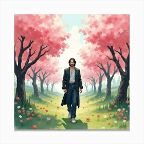 Keanu Reeves In A Tranquil Watercolor Garden With Blooming Cherry Trees Canvas Print