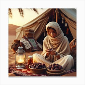 Bedouin Woman With Dates And Camel Canvas Print