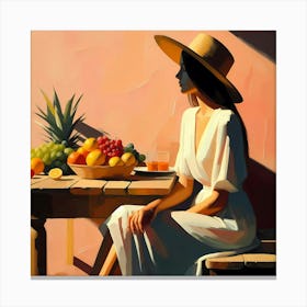 Woman Sitting At Table With Fruit Canvas Print