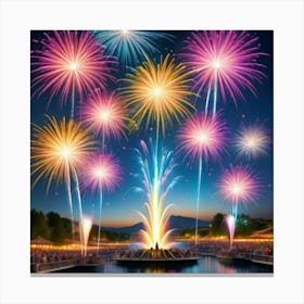 Fireworks Over A Lake Canvas Print