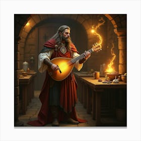 A Heroic Bard Playing A Glowing Lute, Casting Musical Magic In An Ancient Tavern 1 Canvas Print