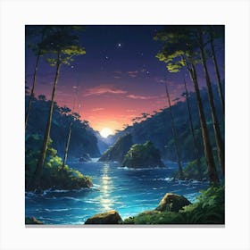 Serene Sunset Over a Tranquil Forest River Surrounded by Towering Trees Canvas Print