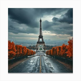 Autumnal Avenue Leads To Eiffel Tower Under Dramatic Clouds Canvas Print