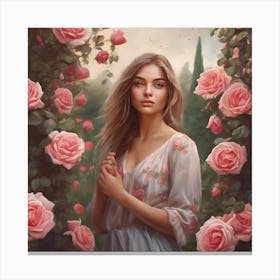 Wall painting of a beautiful girl in a rose garden Canvas Print