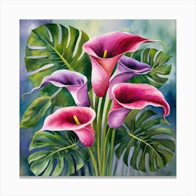 watercolor calla lilies and monstera, painting 2 Canvas Print