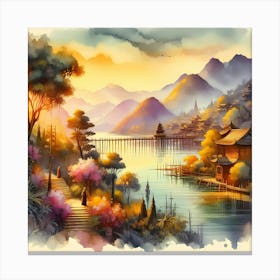 Watercolor Of Asian Landscape Canvas Print