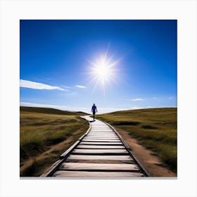 Person Walking On A Wooden Path, Path To The Mountains Canvas Print