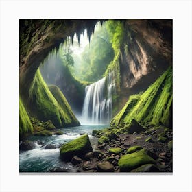 Waterfall In A Cave With Flowing River Canvas Print