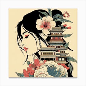 Chinese Girl with Hauses and flowers Canvas Print