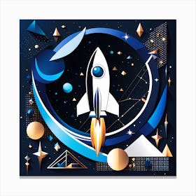 Space Rocket, Rocket blasting off over mountains and stars, Rocket wall art, Children’s nursery illustration, Kids' room decor, Sci-fi adventure wall decor, playroom wall decal, minimalistic vector, dreamy gift Canvas Print