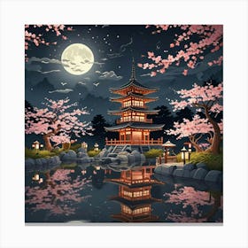 Japenese Pagoda Landscape With Moon Art Print (2) Canvas Print