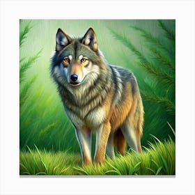 A Majestic Grey Wolf In A Lush Green Forest Canvas Print