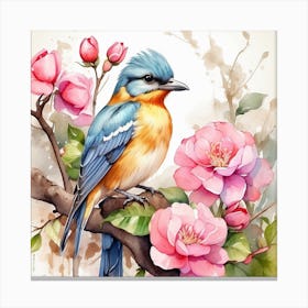 Watercolor Bird On A Branch Canvas Print