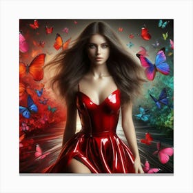 Beautiful Woman In Red Dress With Butterflies 1 Canvas Print