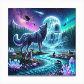 Howling Wolf Family by Crystal Waterfall Under Full Moon and Aurora Borealis Canvas Print