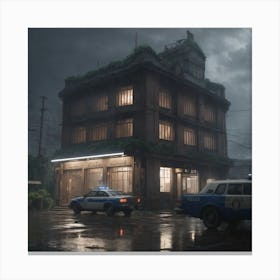 a highly detailed matte painting of a post apocalyptic police station in lightning storm and heavy rain, by studio ghibli, makoto shinkai, by artgerm, by wlop, by greg rutkowski, volumetric lighting, octane render, 4 k resolution, trending on artstation, masterpiece Canvas Print