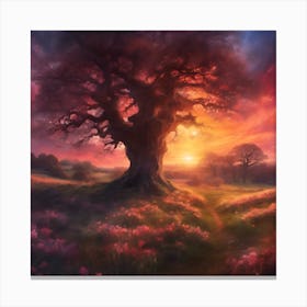 Old Oak in English Countryside at Sunset Canvas Print