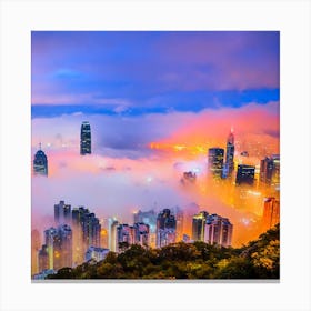 Mesmerizing Shot Of The Skyscrapers Of A City Covered In Mist At Night Canvas Print