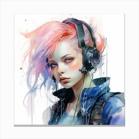 Cyborg Girl Watercolour & Ink Painting Canvas Print