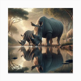 Rhinos In The Water Canvas Print