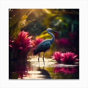 Wading Bird with Pink Flowers of the Tropical Lagoon Canvas Print