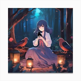 Kawaii Girl with Crows Canvas Print