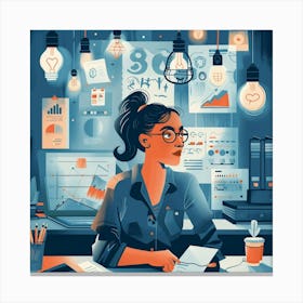 Illustration Of A Woman Working In An Office Canvas Print