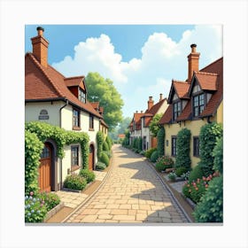 An English Village With Charming Cobblestone Streets And Historic Homes, Watercolor 1 Canvas Print