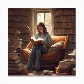 Girl Reading In A Library Canvas Print