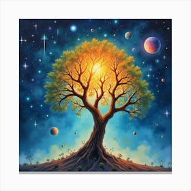 A Watercolor Cosmic Tree Glowing Under A Sky Filled With Stars And Planets 1 Canvas Print