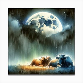 Cows Under The Moon 1 Canvas Print