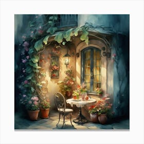 Quiet and attractive dining nook, overgrown flowers, high quality, detailed, highly 3D, elegant carved cart, 18 Canvas Print