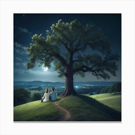 Couple Sitting Under Tree At Night Canvas Print