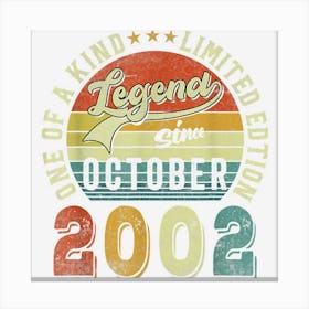 Legend Since October 2002 20 Years Old 20th Birthday Gifts Canvas Print