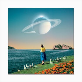Staring At A Planet Square Canvas Print