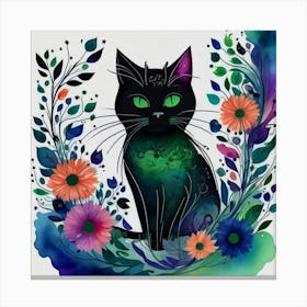 Black Cat With Flowers 5 Canvas Print