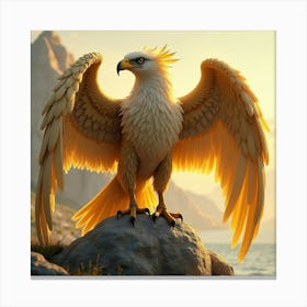 A Majestic Griffin With Golden Feathers Perched On A Sunlit Rock 1 Canvas Print