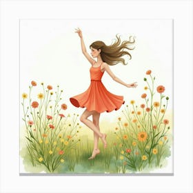 Dancer Amid Watercolor Wildflowers In An Open Field 1 Canvas Print