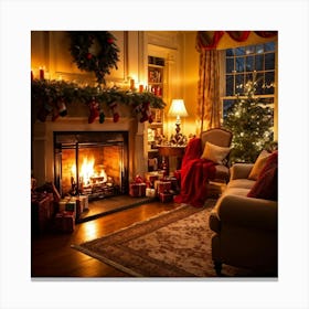 A Cozy Winter Evening By A Roaring Fireplace An Ornately Decorated Christmas Tree Situated In The C (4) Canvas Print